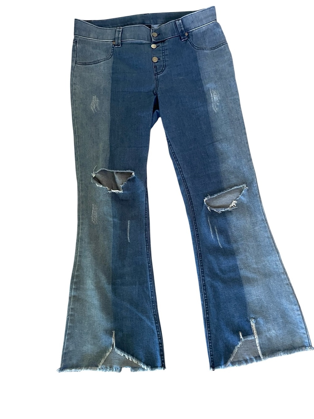 Hue Two-Tone Distressed Flare Jeans - Blue